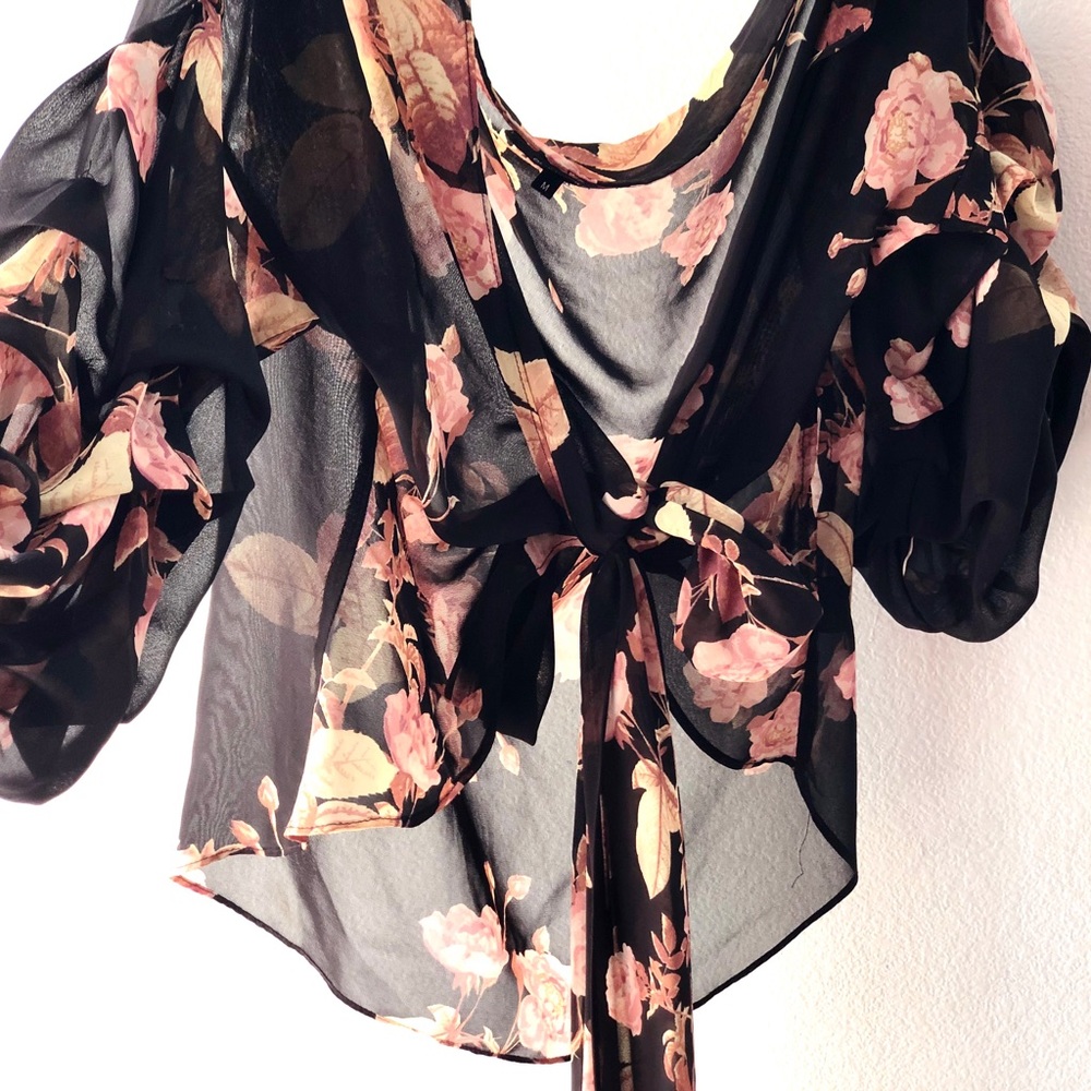 Sheer Floral Wrap Shirt